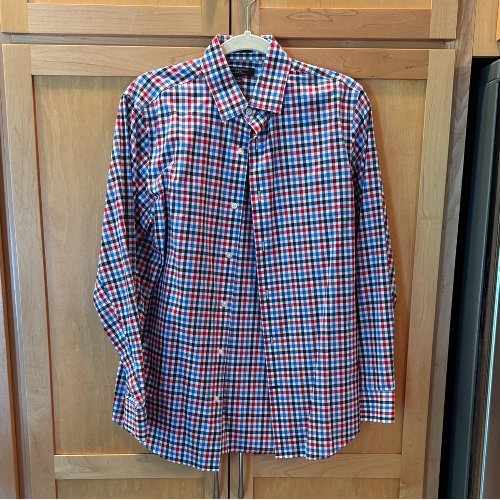 Banana Republic Men's Red and Blue Checkered Shirt- size small.